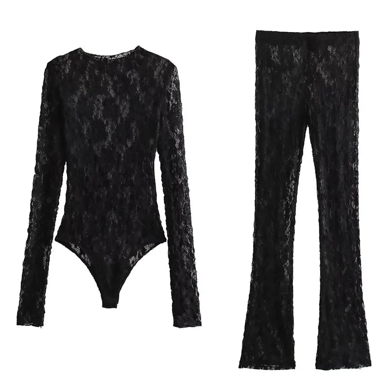 Midnight Lace Series - TRAFZA Lace Bodysuit & Lace Tights
